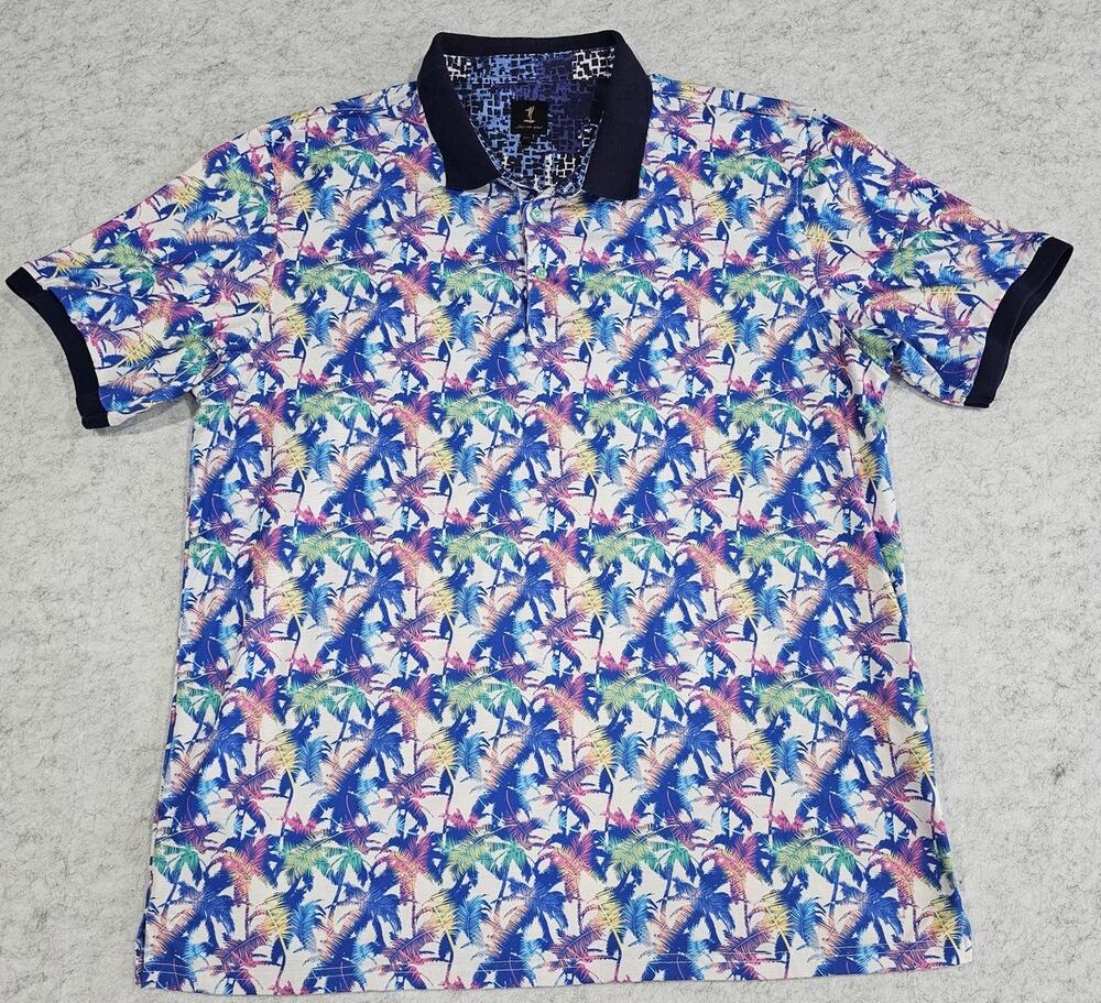 1 like no other Polo, Colorful Palm Trees, Blue Collar, 3 Buttons, Mens Sz XXL